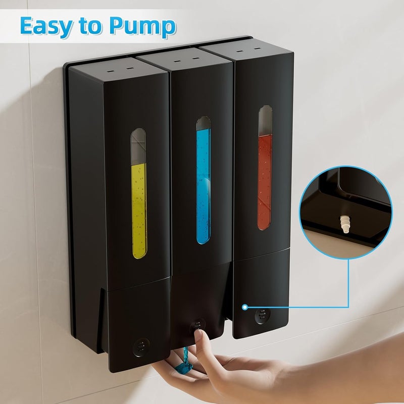 VITVITI Shampoo and Conditioner Dispenser for Shower, Refillable Shower Soap Dispensers 3 Chamber Wall Mounted, 10.2 OZ No Drill Plastic Shower/Body Wash Bottles for Bathroom (Black) - Image 3